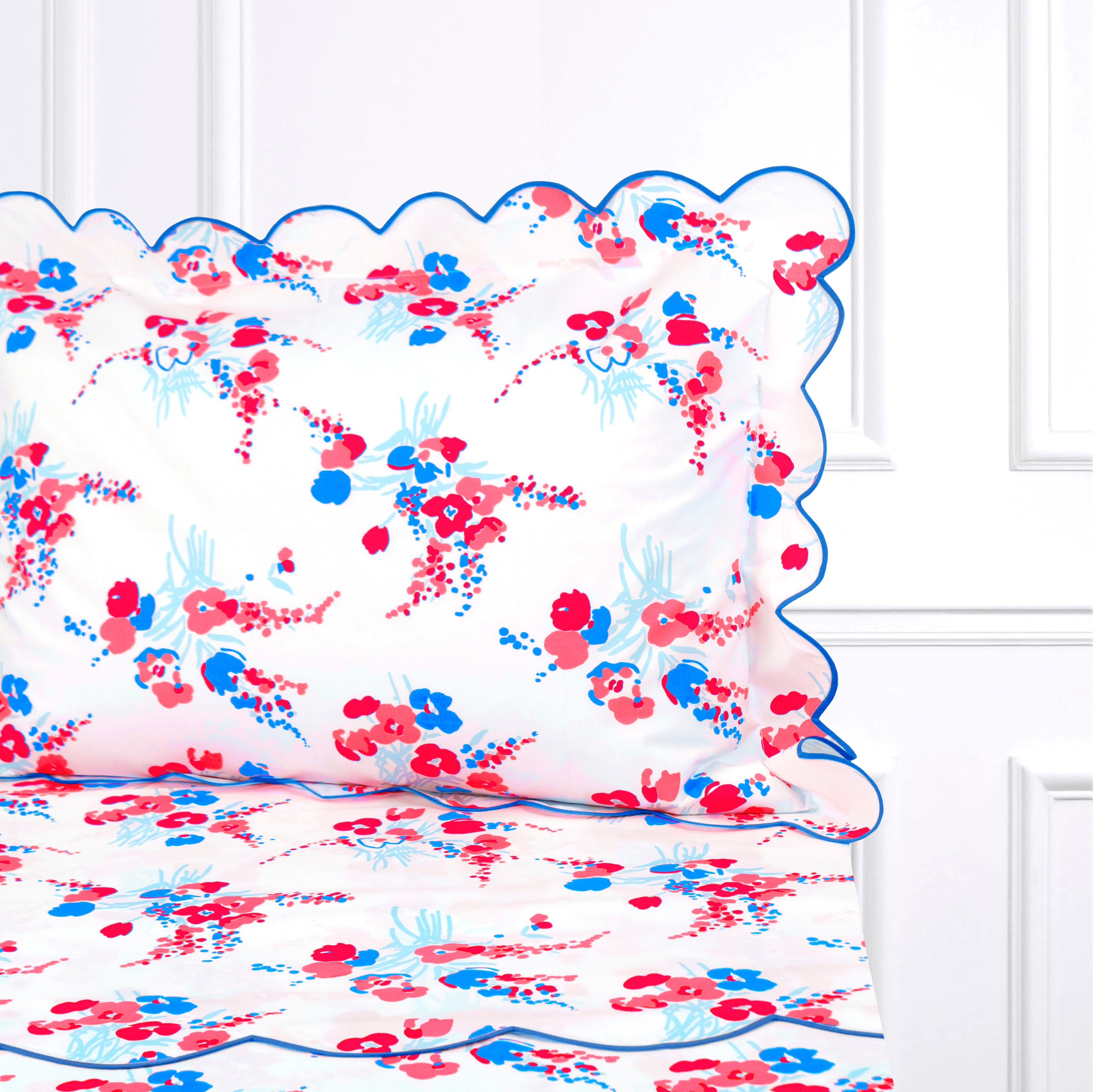 D. Porthault Queen Set of Sheets in Demoiselles Red and Blue