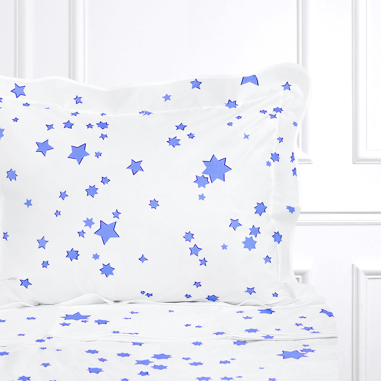 D. Porthault King Set of Sheets in Etoiles (Stars) Blue with Staright Edge and Blue Border