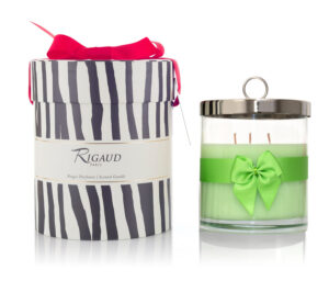 Scented candle in a glass jar with a green ribbon, next to a striped gift box with a pink bow.