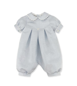 Light blue baby romper with a lace collar and decorative bow, featuring pleats and puffed sleeves.