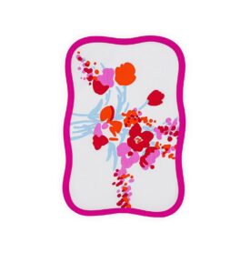 Colorful floral design on a white background, bordered with pink.