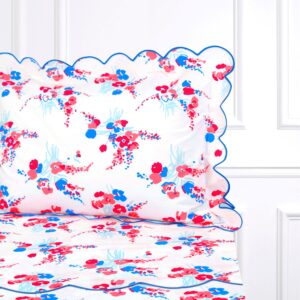 D. Porthault Queen Set of Sheets in Demoiselles Red and Blue