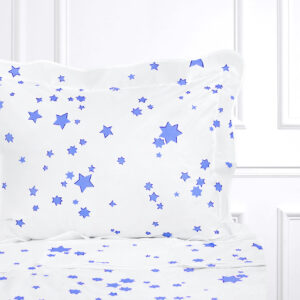 D. Porthault King Set of Sheets in Etoiles (Stars) Blue with Straight Edge and Blue Border