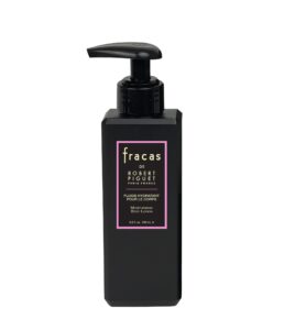 Black pump bottle of Fracas moisturizing body lotion with a label featuring product details.