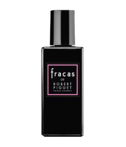 Black perfume bottle labeled "Fracas de Robert Piguet" with a sleek design.