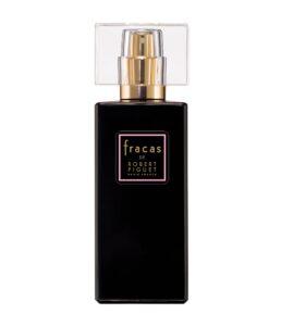 Black perfume bottle with gold accents and a clear cap, labeled "Fracas de Robert Piguet.