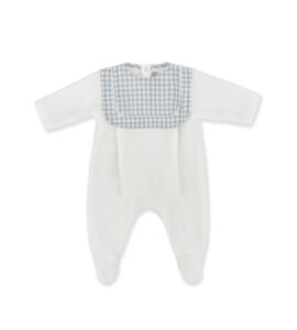 White baby romper with a blue gingham collar and long sleeves.
