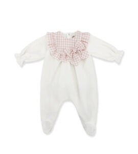 White baby onesie with a pink gingham ruffle and bow at the neckline.
