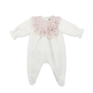 White baby onesie with a pink gingham ruffle and bow at the neckline.