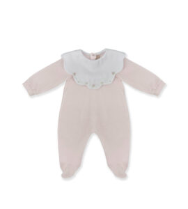 Light pink baby onesie with a white scalloped collar and floral embroidery.