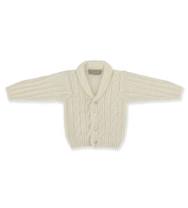 Cream-colored knitted cardigan with a shawl collar and five buttons.