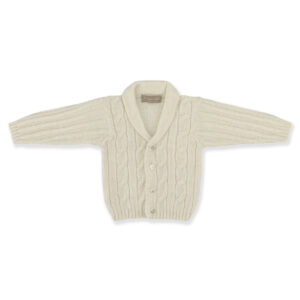 Cream-colored knitted cardigan with a shawl collar and five buttons.