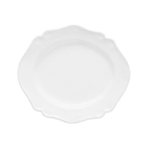 White dessert plate with a scalloped edge, empty and centered.