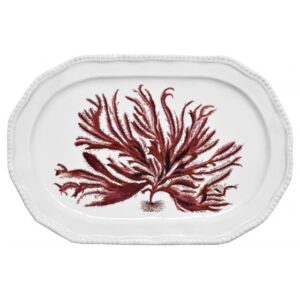 White platter featuring a detailed red seaweed design.