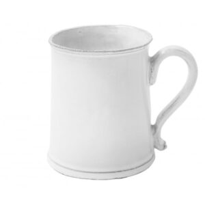 White ceramic mug with a curved handle and a smooth surface.