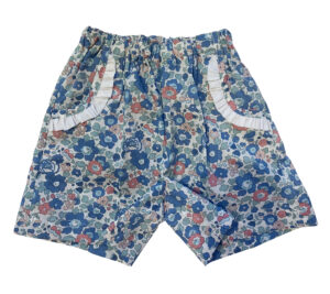 Floral-patterned shorts with ruffled pockets in blue, pink, and green colors.