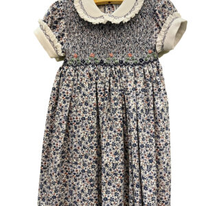 Baroni Smocked Celebration Dress in Navy Floral Print with Rose Embroidery