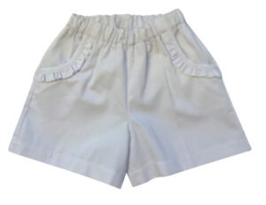 White girls' shorts with an elastic waistband and ruffled pockets.