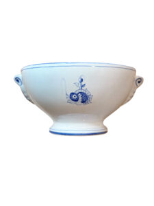 White bowl with blue fish design and decorative handles.