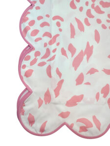 Scalloped edge queen sheet set with pink and white abstract pattern.
