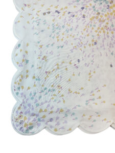 Queen-sized sheet set features a floral pattern in celadon, yellow, and lavender with scalloped edges.