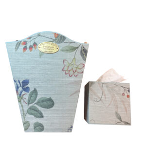 Dorothea Hamilton Curved Edge Wastebasket and Tissue Box in Chinoiserie Grass Cloth