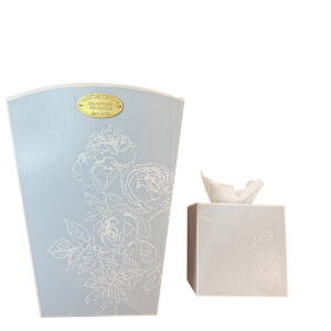 Dorothea Hamilton Curved Edge Wastebasket and Tissue Box in White Floral on French Blue