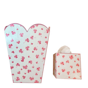 Dorothea Hamilton Scalloped Edge Wastebasket and Tissue Box in Pink Clover