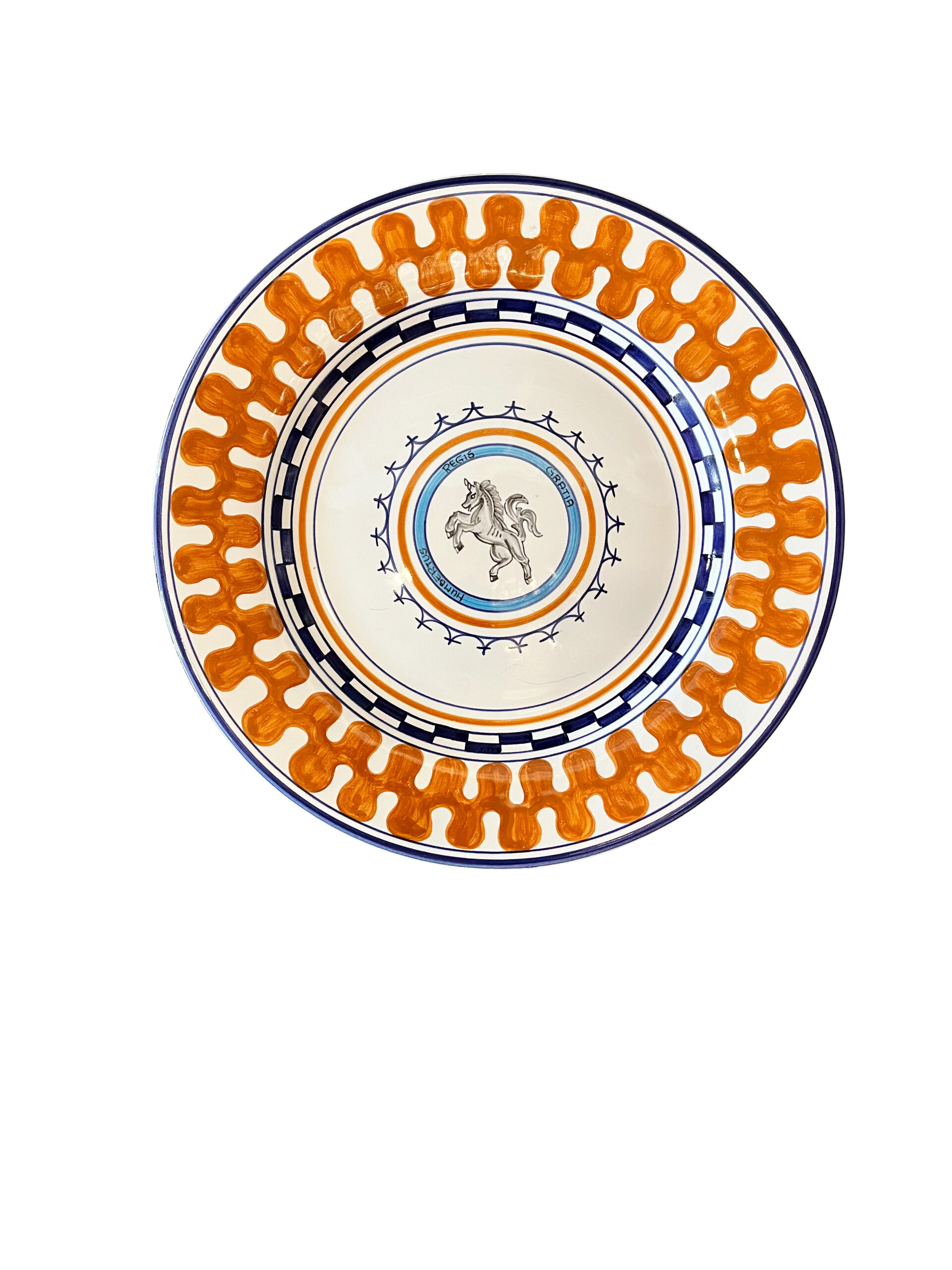 f-lli-mari-palio-leocorno Ceramic plate with orange and blue patterns, featuring a rearing horse in the center.