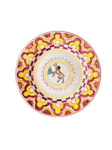 Ceramic plate with intricate red and yellow patterns, featuring a lion holding a flag in the center.
