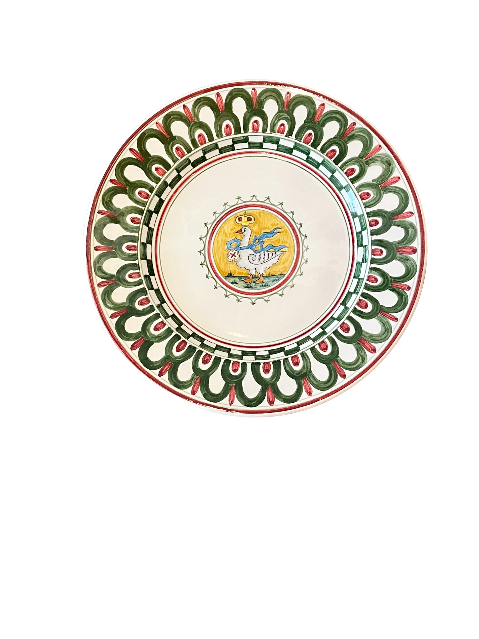 f-lli-mari-palio-oca Ceramic plate with intricate green and red patterns, featuring a central illustration of a duck.