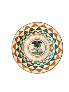 Ceramic plate featuring colorful geometric patterns and a central illustration of a rhinoceros with a rider.