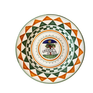 Ceramic plate featuring colorful geometric patterns and a central illustration of a rhinoceros with a rider.