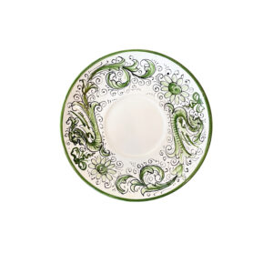 Green decorative saucer featuring floral and swirling patterns. Central area is plain.