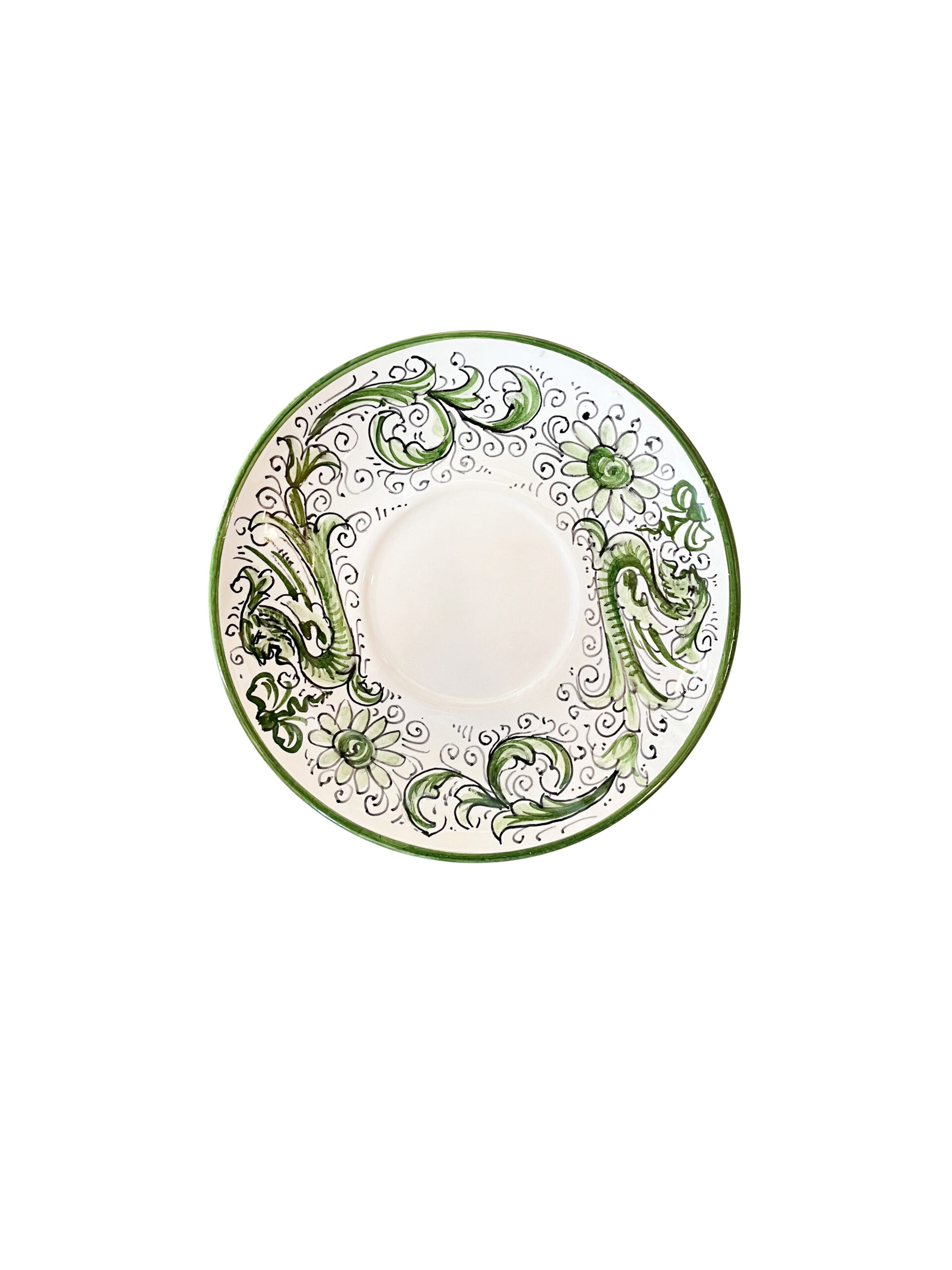 f-lli-mari-raffaellesco-saucer-green Green decorative saucer featuring floral and swirling patterns. Central area is plain.