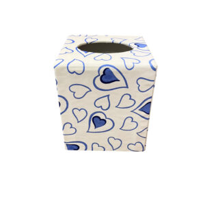 Tissue box with a blue heart pattern on a white background, featuring a top opening.
