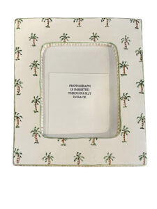 Large picture frame decorated with palm trees, featuring a slot for inserting a photograph from the back.