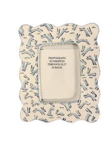 A decorative picture frame with blue bunny designs, displaying a note about inserting a photograph.