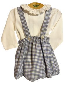 Blue vichy overall set with white long-sleeve top and ruffled collar, featuring buttoned straps.