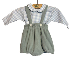 Green and blue romper set with a checkered shirt and suspenders, featuring two buttons on the waist.