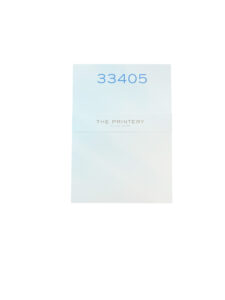 A folded card featuring the number "33405" and "THE PRINTERY" text, with a light blue and white design.