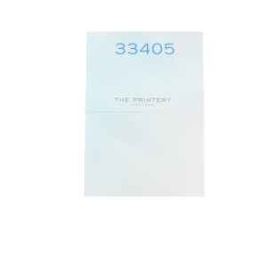 A folded card featuring the number "33405" and "THE PRINTERY" text, with a light blue and white design.