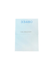 A light blue folder with the number "33480" and "THE PRINTERY" printed on it.