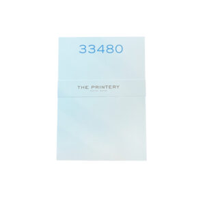 A light blue folder with the number "33480" and "THE PRINTERY" printed on it.