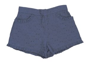 Navy blue eyelet shorts with ruffled pockets and hem.