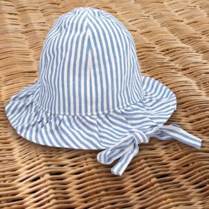 A blue and white striped sun hat rests on a woven surface.