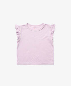 Lilac short-sleeve shirt with ruffled sleeves and a round neckline.