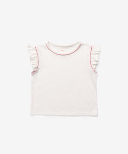 White short-sleeve shirt with ruffled sleeves and pink trim.