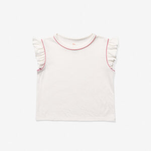 White short-sleeve shirt with ruffled sleeves and pink trim.