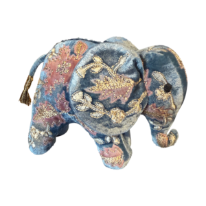 Mini velvet elephant in blue, adorned with floral embroidery and gold accents.